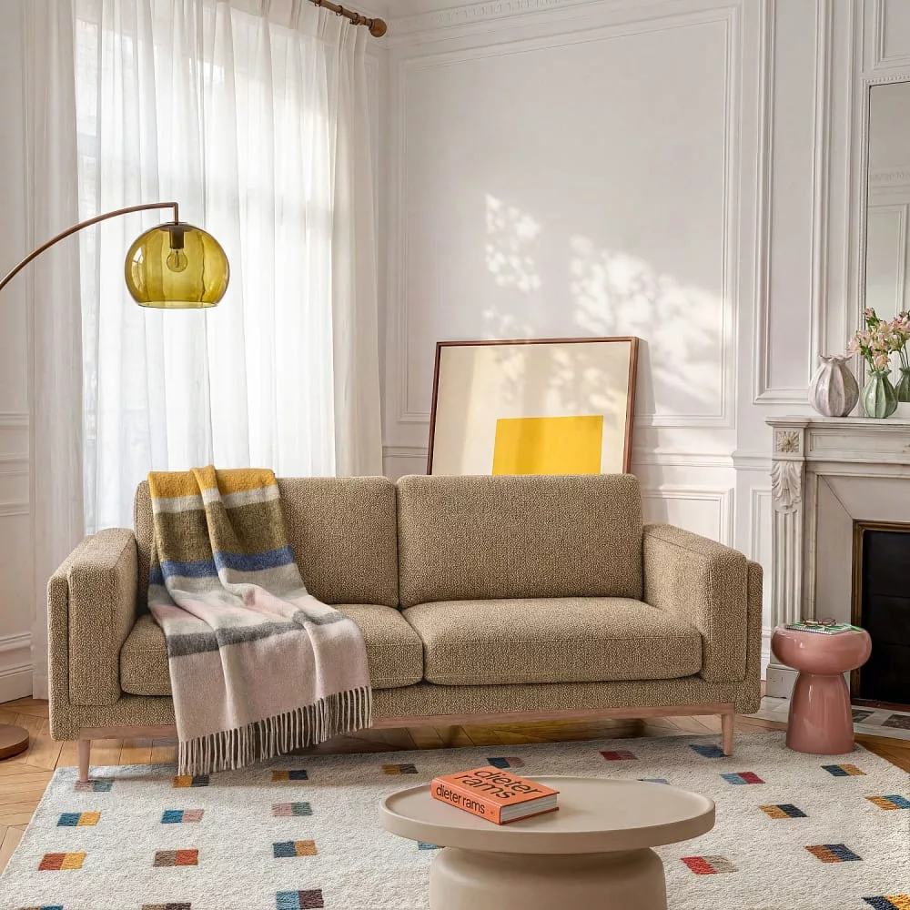 Canapé 3 places en tissu texturé et bois – noisette