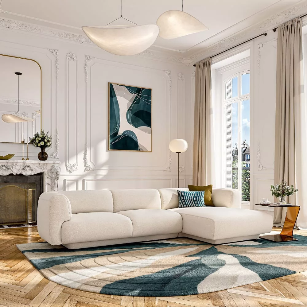 Grand canapé d'angle en tissu texturé – vanille
