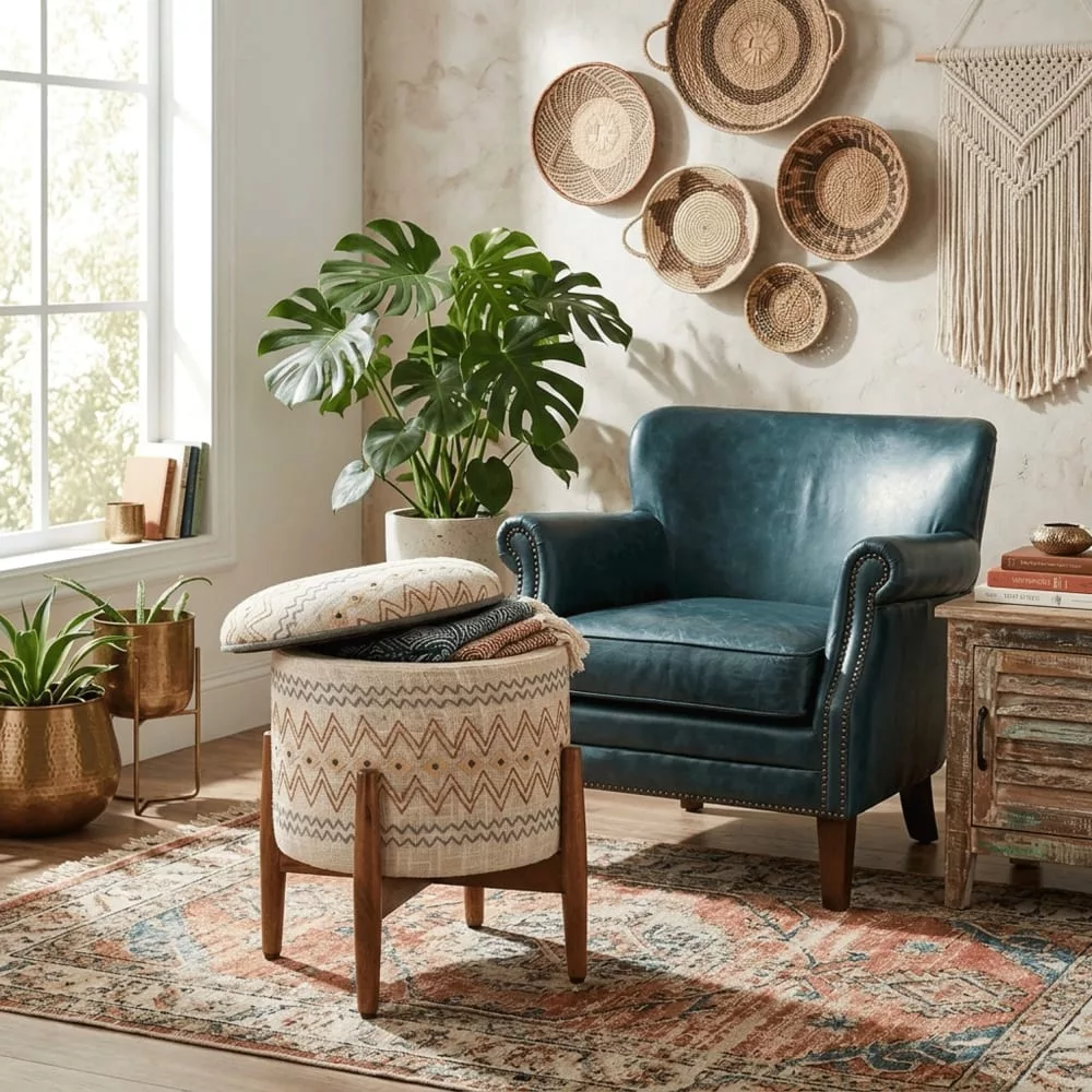 Banquette avec couvercle en coton et manguier