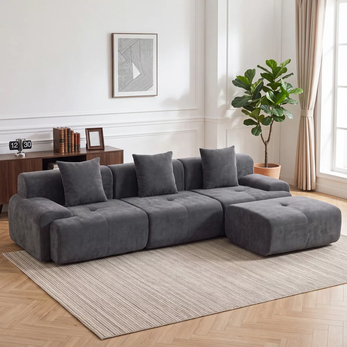 HOMCOM Canapé d'Angle Modulable 3 Places avec Pouf en Chenille