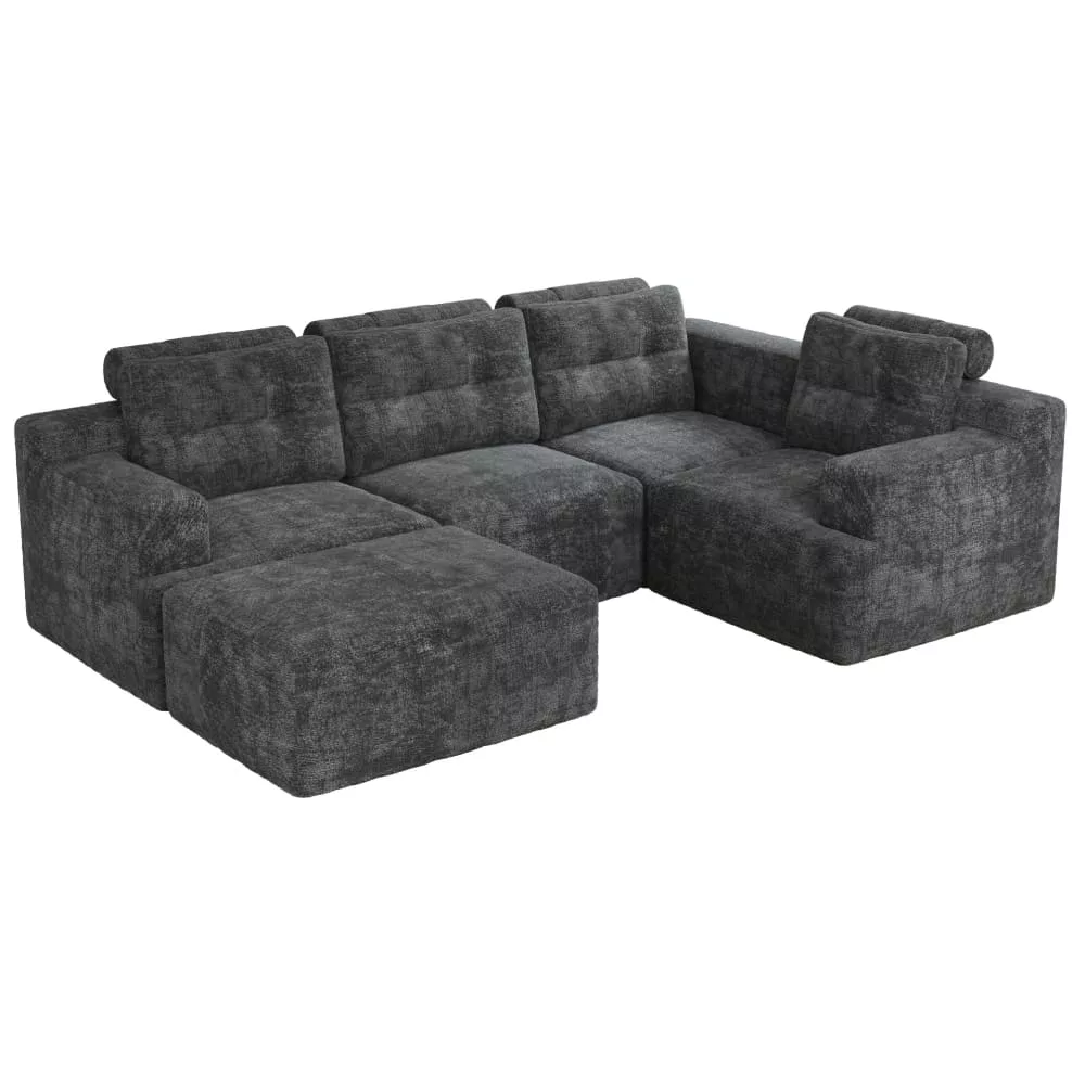 Canapé modulable en chenille avec pouf