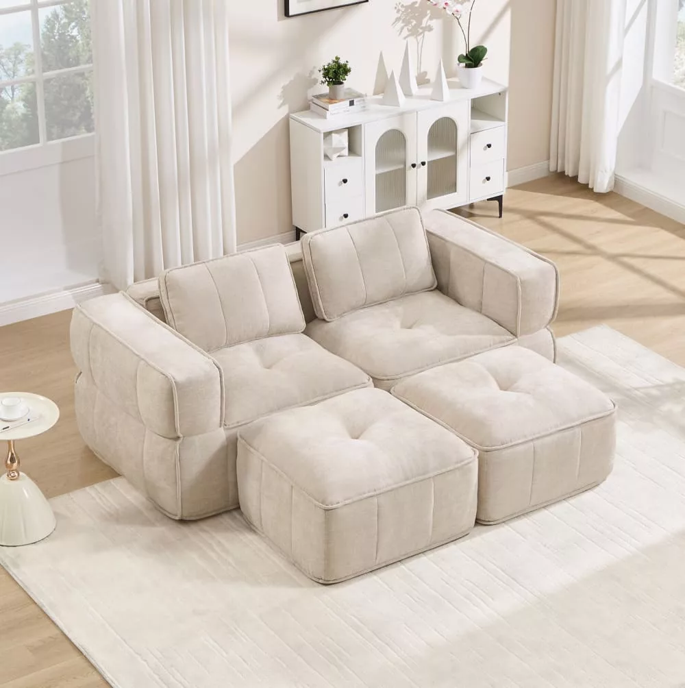 Canapé modulable en polyester avec 2 tabourets