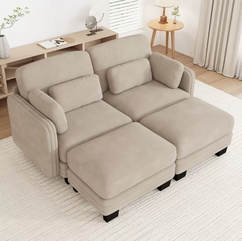 Canapé en chenille avec 2 ottomans