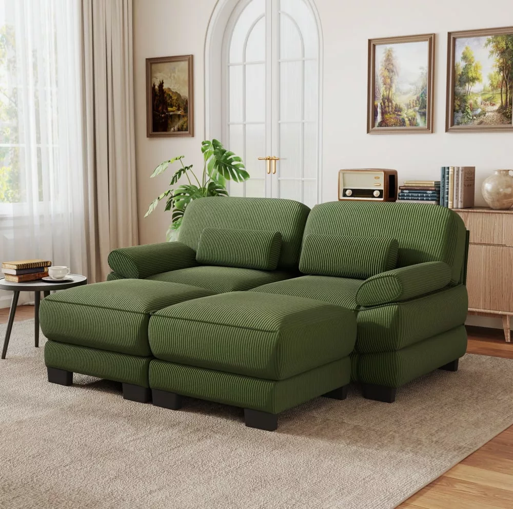 Canapé modulable en velours avec 2 tabourets