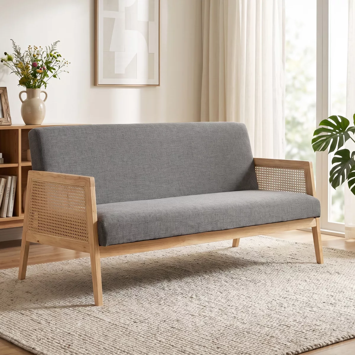 HOMCOM Canapé 3 places revêtu aspect lin avec détails en rotin synthétique structure