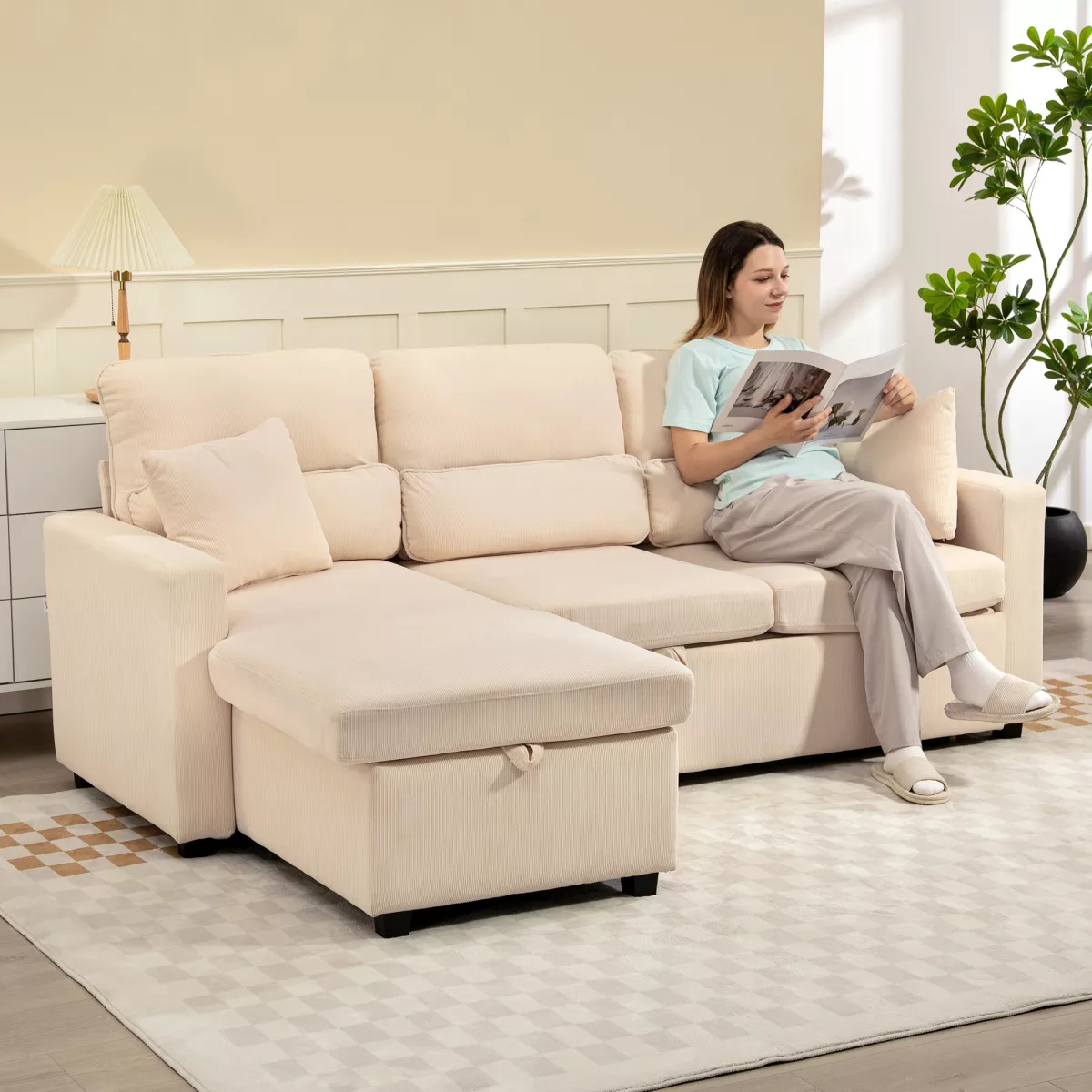 HOMCOM Canapé-Lit Chaise Longue 205 cm en L Chaise Longue Réversible avec Rangement