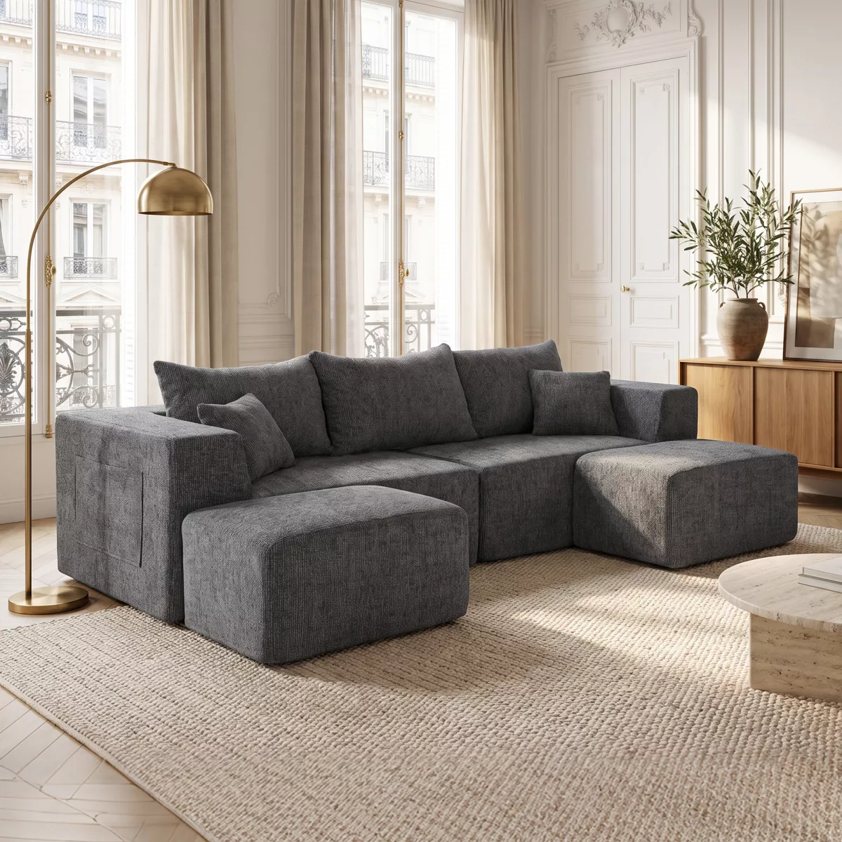HOMCOM Canapé modulaire en U 3 places avec 2 ottomanes Poches Canapé en chenille Assise