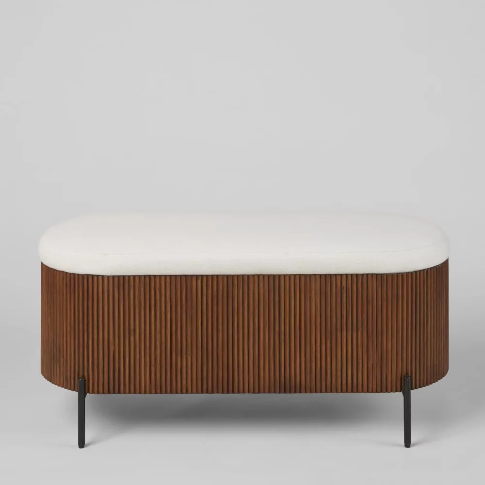 Banquette coffre écrue, bois d'hévéa et pieds en acier