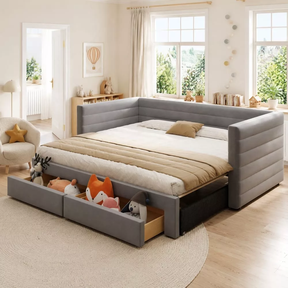Lit banquette en coton et lin avec 2 tiroirs