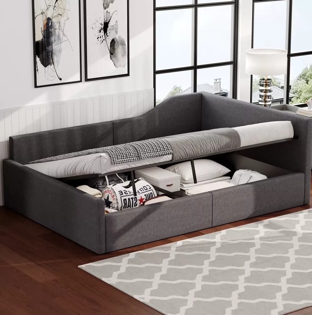 Lit banquette en lin avec rangement