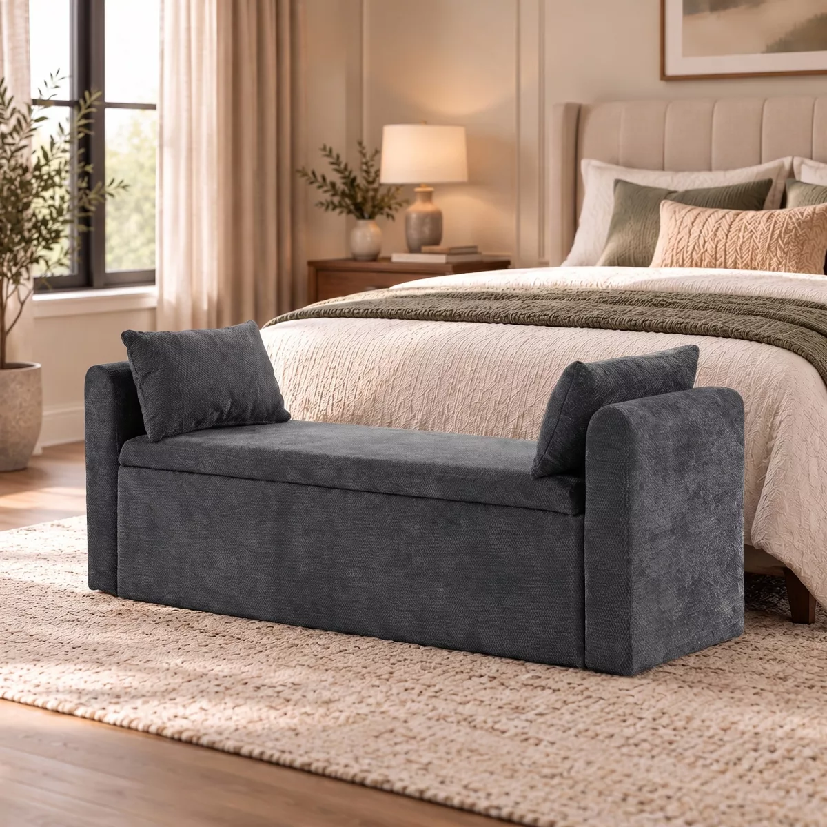 HOMCOM Banquette de rangement en chenille avec accoudoirs et coussins Couvercle