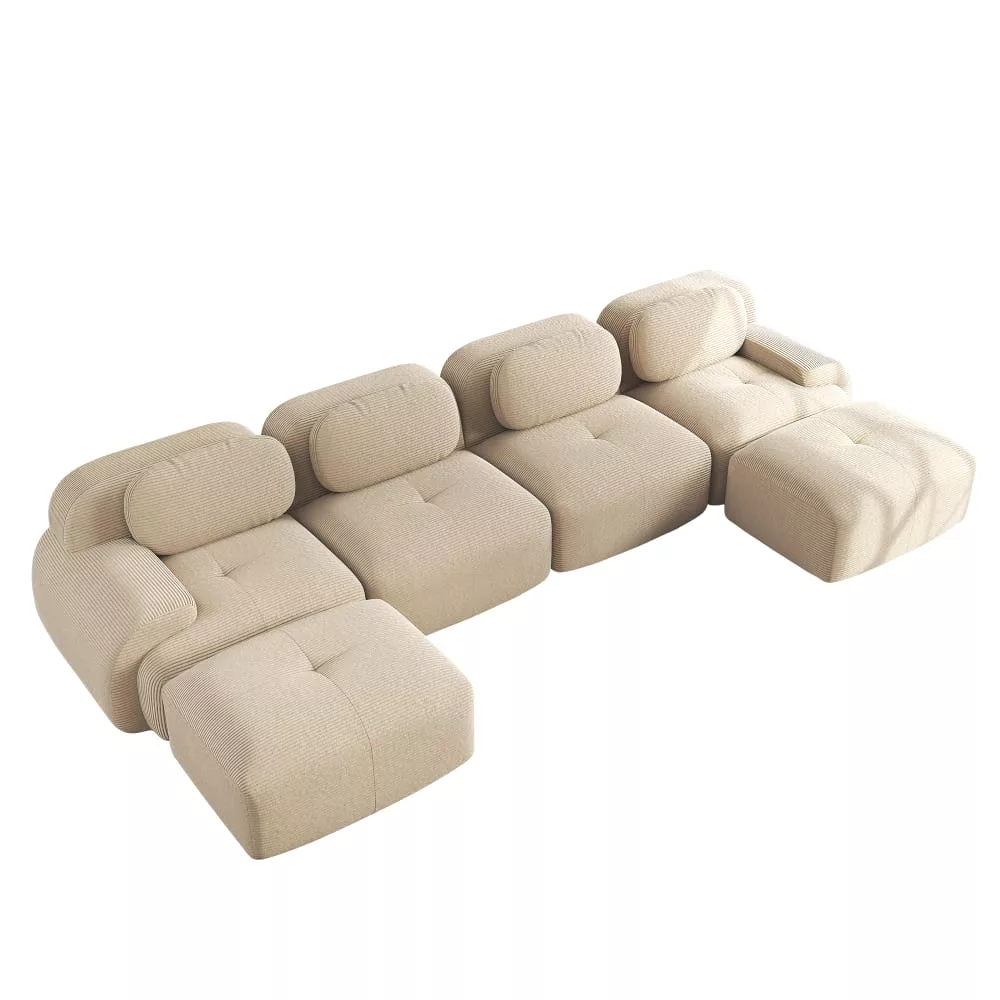 Canapé modulable u 4 places, accoudoirs, tissu côtelé