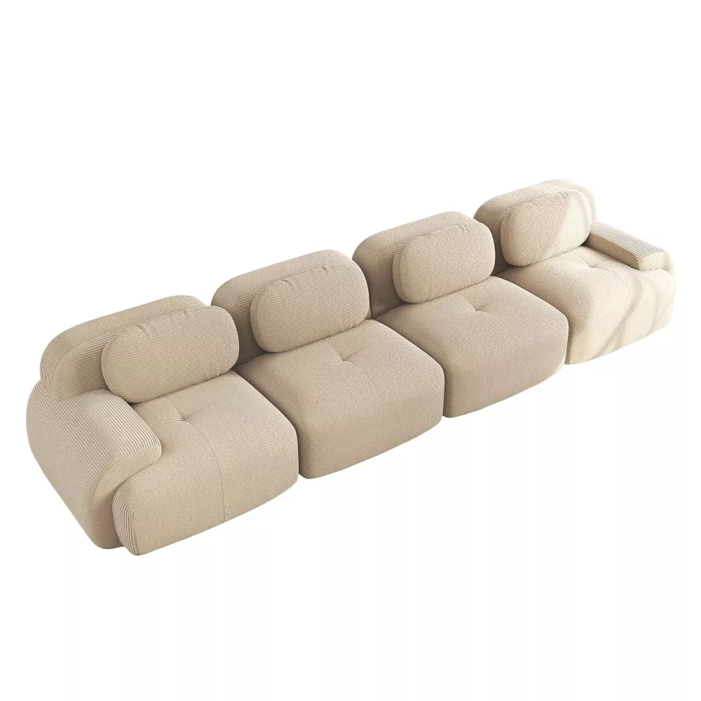 Canapé modulable 4 places, accoudoirs, velours côtelé