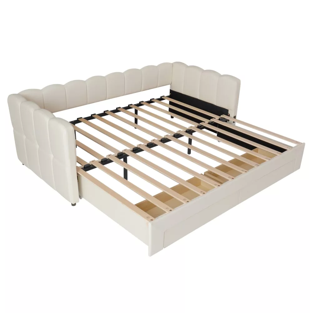 Lit banquette extensible polyester effet lin tiroirs